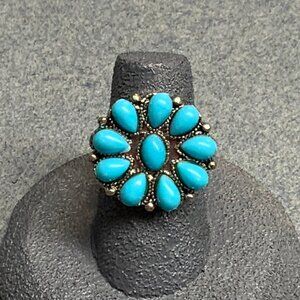 Flower Cluster Ring Size 5 Turquoise Blue Silver Retro Vintage Boho Elegant Y2K
